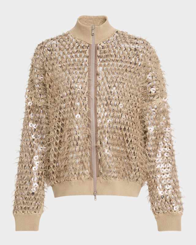 Mosaic Sequin Embroidered Net Knit Zip Jacket